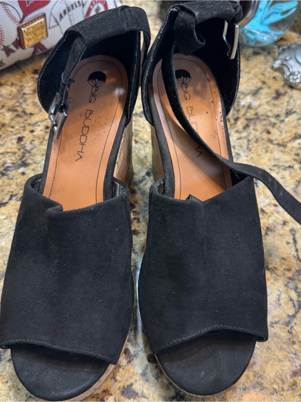Big Buddha Black Suede Peep-Toe Wedge Sandals with Ankle Strap